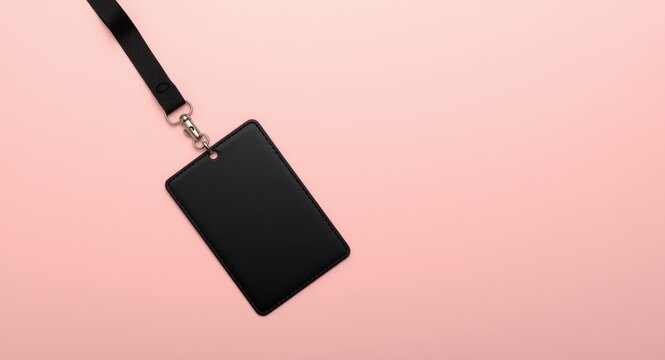 Black badge id card with neck lanyard on pastel background with copy space for text