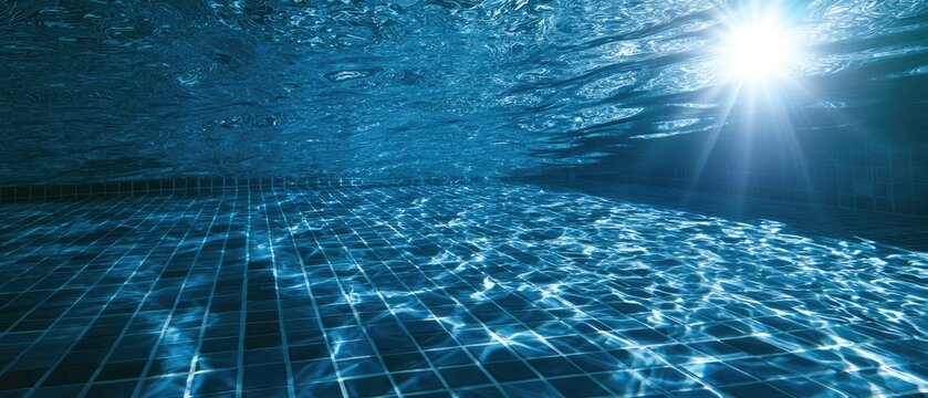 Underwater view of a sunlit swimming pool with tiled floor and rippling water