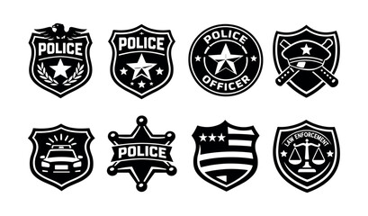Collection of police and law enforcement badges and emblems in black and white © UnIcons