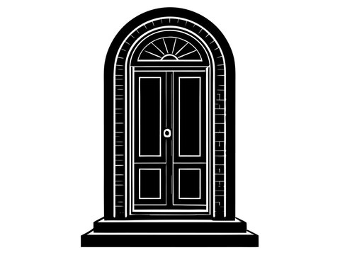 Arched doorway with brick surround standing on stoop