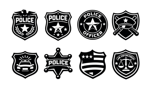 Collection of police and law enforcement badges and emblems in black and white
