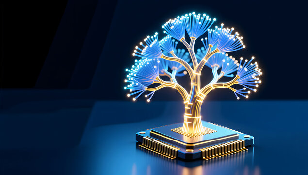 Fiber optic technology tree growing from a processor in a computing center