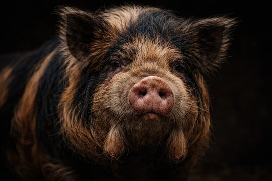 Detailed close-up of a Kune Kune pig showing fur texture and notable features on deep shadowed background
