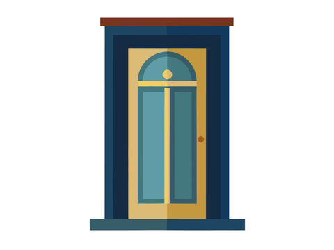 Arched gold door framed by dark blue doorway and stoop front entrance