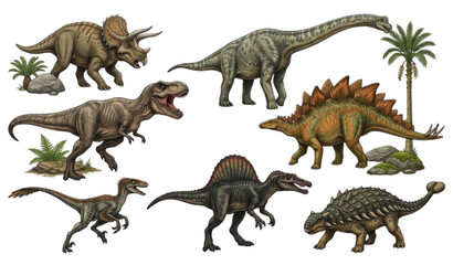 Dinosaur illustrations various species in prehistoric landscapes © MdRimon