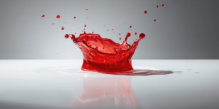 Bright red liquid splash frozen midair above spotless white surface