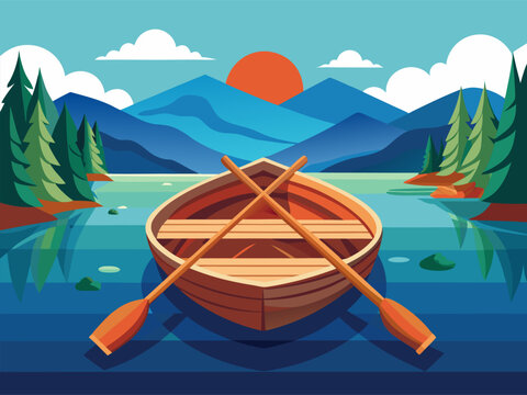 Row boat floating at calm lake with mountains and sunset