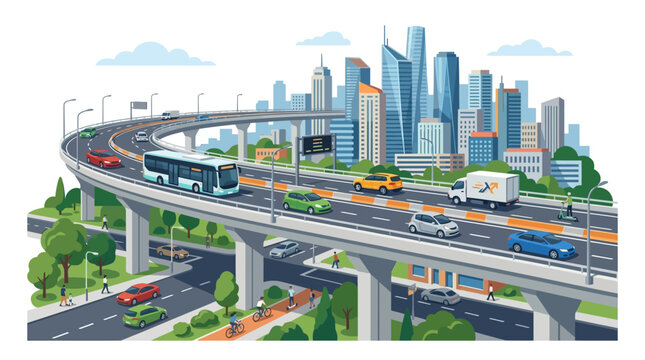 Modern city skyline with elevated highway and urban traffic