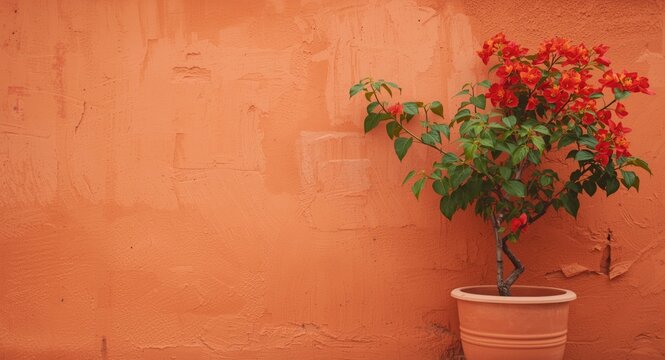 Bougainvillea plant in terracotta pot against rustic orange wall with copy space