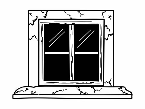 Cracked window with simple cross mullion and stone sill