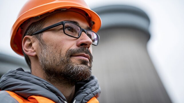 Ein Arbeiter mit orangefarbenem Schutzhelm steht mit dem R&uuml;cken zur Kamera vor gigantischen Industriet&uuml;rmen eines Kraftwerks.