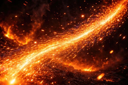 Vibrant particle stream with flying sparks in a digital fire environment