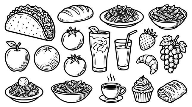 Various food and drink items illustrated in a single composition