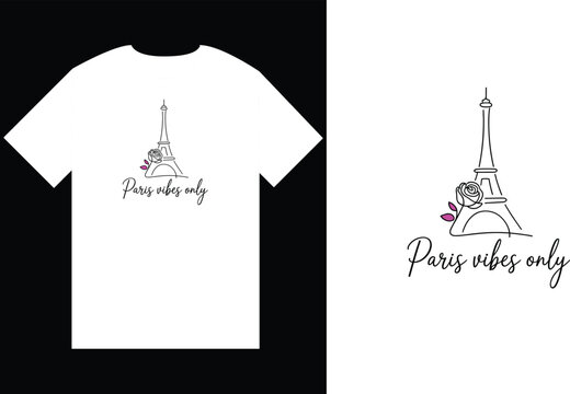 Minimalist Eiffel Tower Line Art with Rose and Paris Vibes Script Vector T Shirt Design