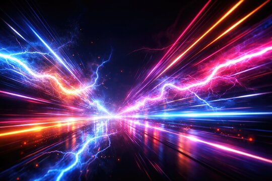 Dark background with dynamic neon light stripes and vibrant electric flash animations