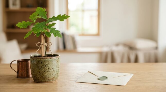 Small green oak tree in ceramic pot with rustic string bow next to an envelope with wax seal on wooden table desk.