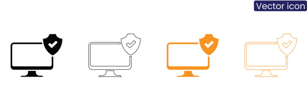 Computer Monitor and Security Shield Vector Icon Set Isolated on White Background Black Orange Solid Fill and Thin Outline Line Art PC Protection Data Safety Cybersecurity Concept