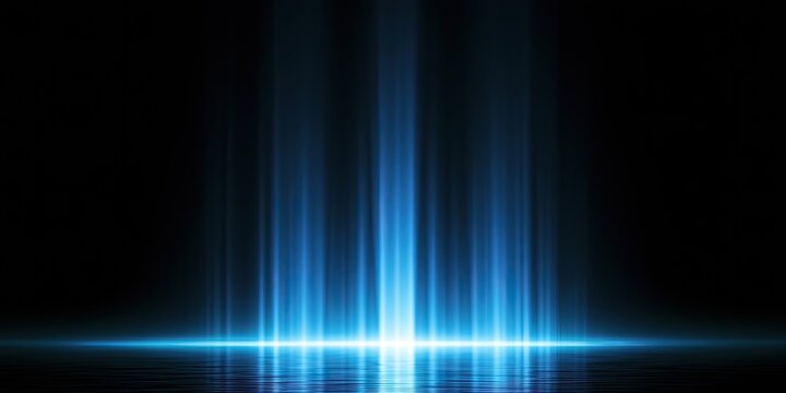 Abstract blue light beams rising from a reflective surface against black