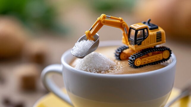 Ein gelber Spielzeugbagger schaufelt Zucker in eine Kaffeetasse auf einem wei&szlig;en Teller, umgeben von Zuckerw&uuml;rfeln.