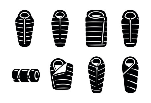 Collection of black sleeping bag icons for outdoor adventures and camping trips