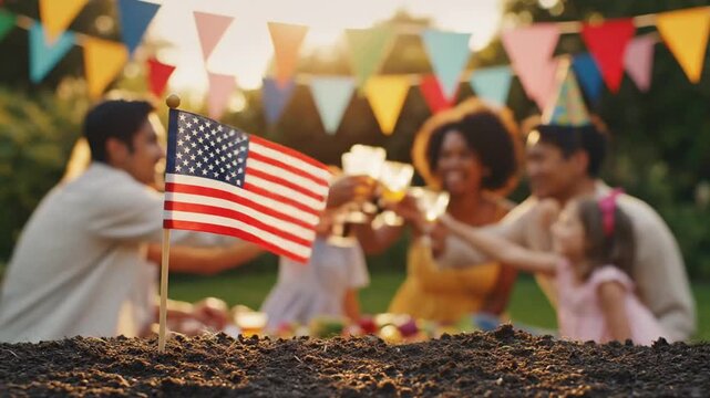 Joyful Fourth of July Celebration with Family and Friends Outdoors Under Colorful Banners and American Flags