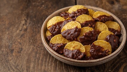 Fototapeta premium Chocolate Dipped Potato Chips on Rustic Ceramic Plate Close-Up, Unique Flavor Contrast