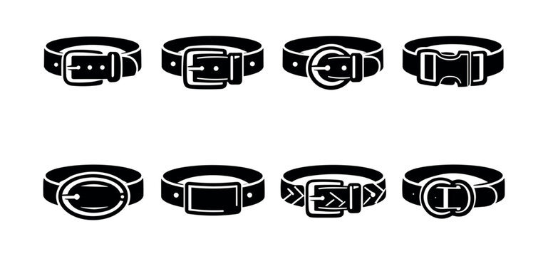 Collection of eight different belt buckle styles in black and white icons