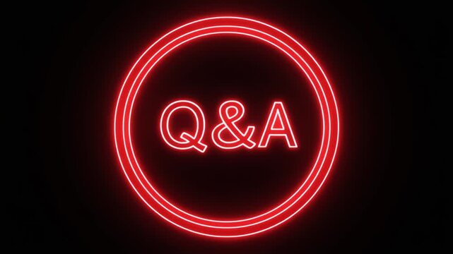 Glowing neon Q & A animation with radiant red circular outlines, pulsing ampersand, cinematic dark background, futuristic interactive session ambience