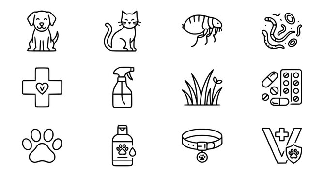 Pet care line icons vector set dog flea spray parasite and veterinary symbols isolated on white background