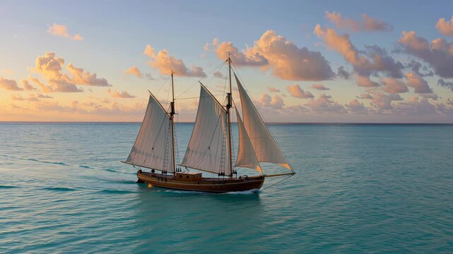 sailboat ocean sailing traditional wooden vessel tropical cinematic wide shot of classic two-masted wooden sailing vessel gliding across calm turquoise tropical ocean at golden sunset with full sails