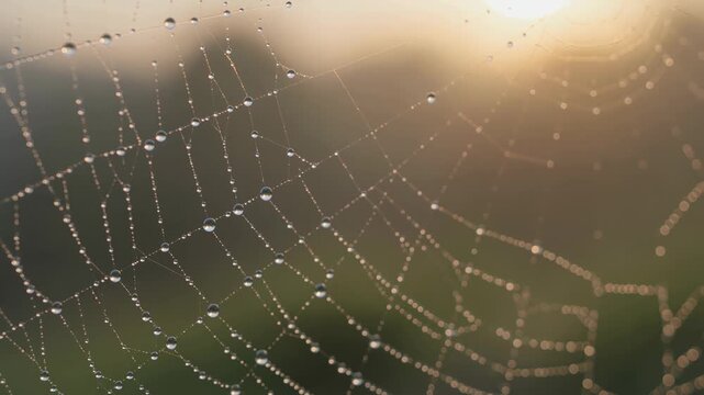 spiderweb dew drops macro morning nature abstract cinematic extreme macro of delicate spider web covered with glistening morning dew droplets each reflecting surrounding environment in sunrise light
