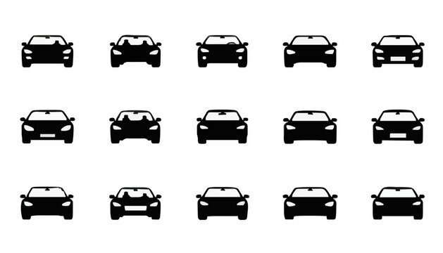 Modern Car Front View Silhouette Icons Collection Vector Set