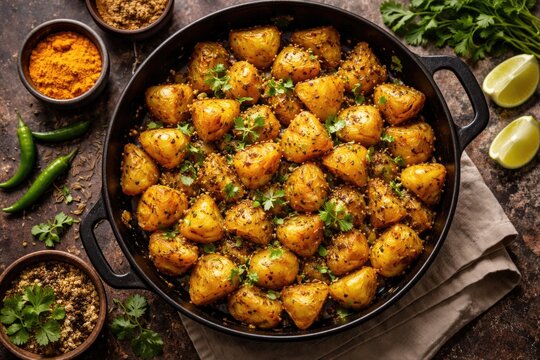 Overhead view of Bombay potatoes pan fried with cumin and fresh cilantro traditional Indian cuisine copy space
