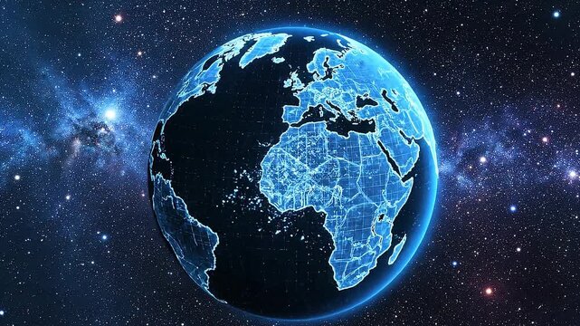 Digital network connections over earth surface starry concept. Digital globe with glowing network connections and bright light bursts illustrating global communication and technology