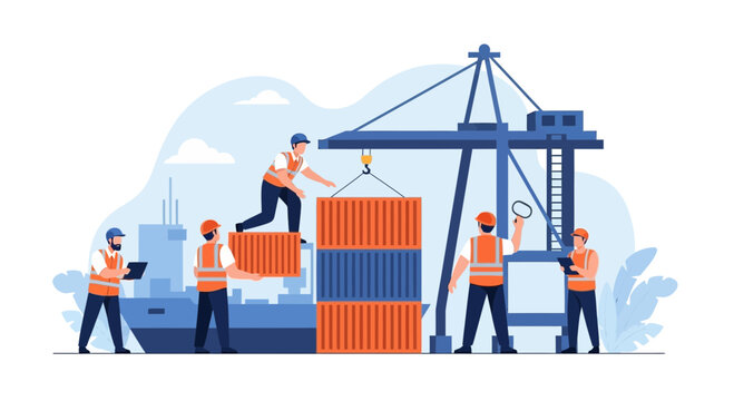 Port workers load shipping containers with crane on a cargo ship, logistics concept