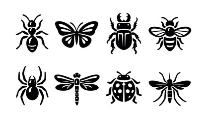 Collection of eight stylized insect and arachnid icons in black and white © UnIcons