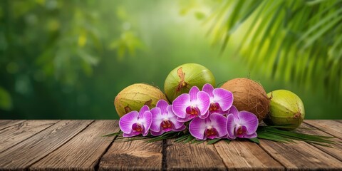 Fototapeta na wymiar Artistic display of green coconuts and bright orchids on rustic timber with lush soft green background