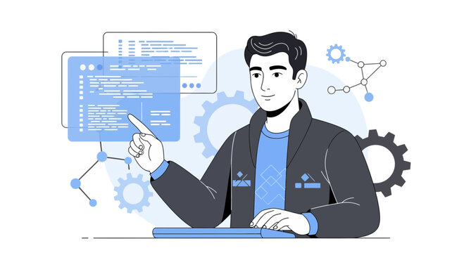 Programmer working with code and network diagrams, technology concept