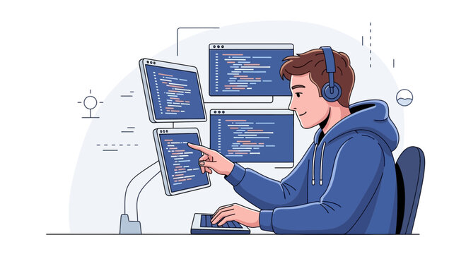 Programmer working on multiple screens with code, wearing headphones