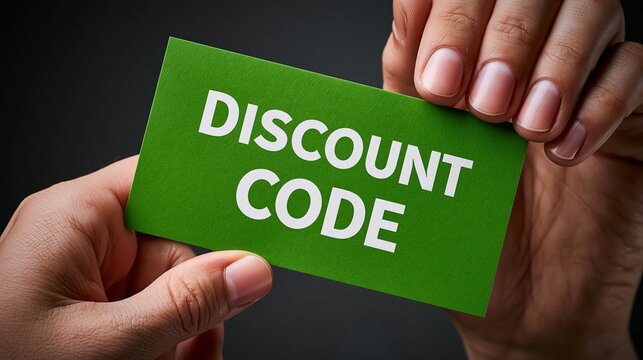 Zwei H&auml;nde halten eine gr&uuml;ne Karte mit wei&szlig;em Schriftzug &bdquo;DISCOUNT CODE" vor dunklem Hintergrund.