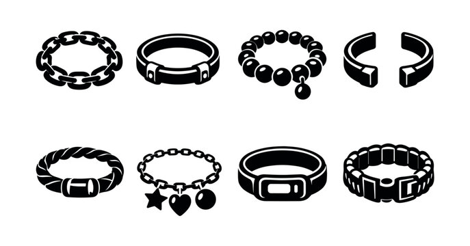Collection of diverse bracelet and collar icons in black and white