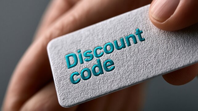 Eine Hand h&auml;lt eine wei&szlig;e Karte mit gepr&auml;gtem t&uuml;rkisem Schriftzug &bdquo;Discount code" auf strukturierter Oberfl&auml;che.