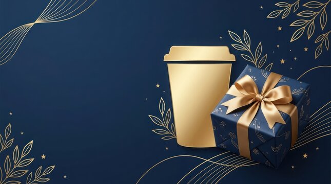 Festive blue gift box with gold ribbon next to coffee cup silhouette on decorative floral pattern background.