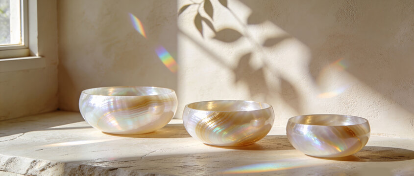 Widescreen alchemy crystal singing bowls mockup with rainbow light reflections and shadow on wall