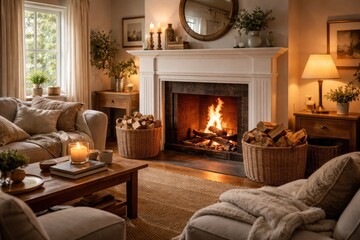 Fototapeta premium Relaxed living room ambiance with a white fireplace and wicker baskets holding firewood
