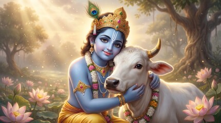 Fototapeta premium Krishna with a cow in a serene divine setting