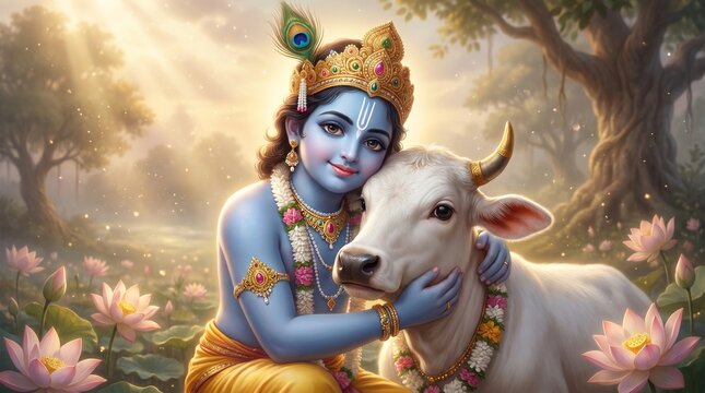 Krishna with a cow in a serene divine setting