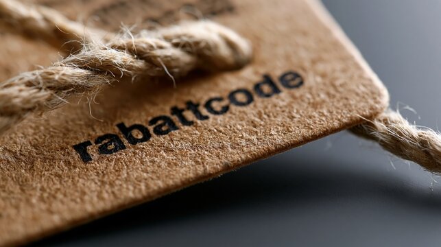 Ein St&uuml;ck Kork oder Naturmaterial mit dem eingebrannten Schriftzug &bdquo;rabattcode" liegt mit einem Juteband auf einer dunklen Oberfl&auml;che.