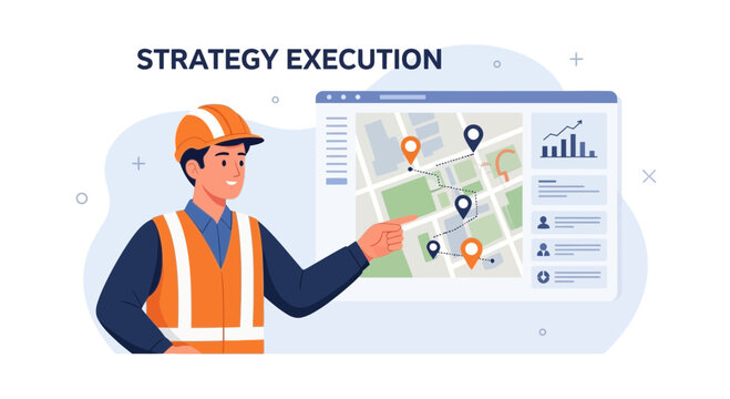 Man in hard hat points to strategy map on screen, business planning concept