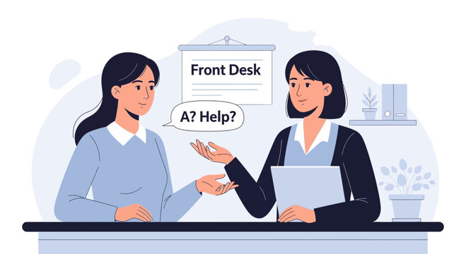 Receptionist helping visitor at front desk, asking a question.